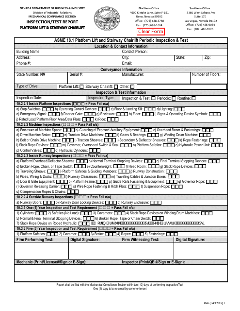 Inspection / Test Report Form - Platform Lift and Stairway Chairlift - Nevada Download Pdf