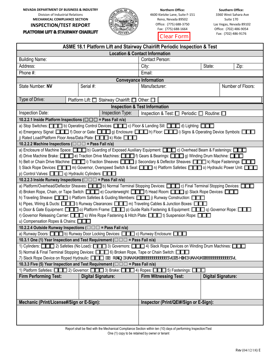 Nevada Inspection/Test Report Form Platform Lift and Stairway