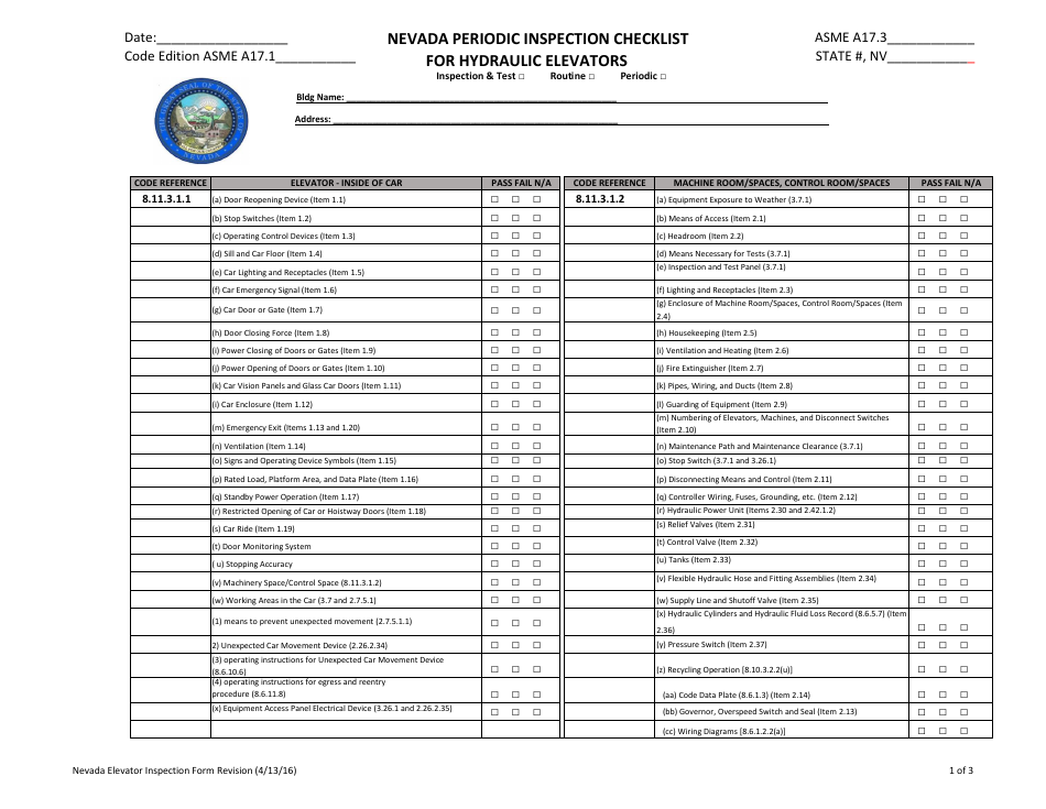 Nevada Hydraulic Elevator Periodic Inspection Checklist Fill Out