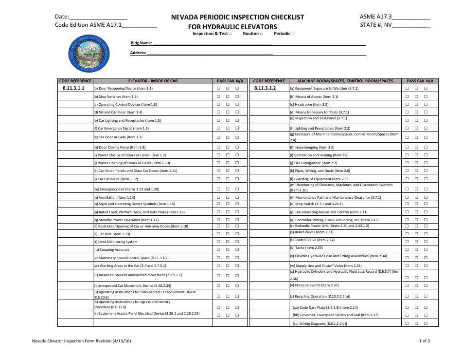 Hydraulic Elevator Periodic Inspection Checklist - Nevada, Page 1