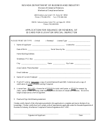 Application for Issuance or Renewal of Id Card for Elevator Special Inspector - Nevada