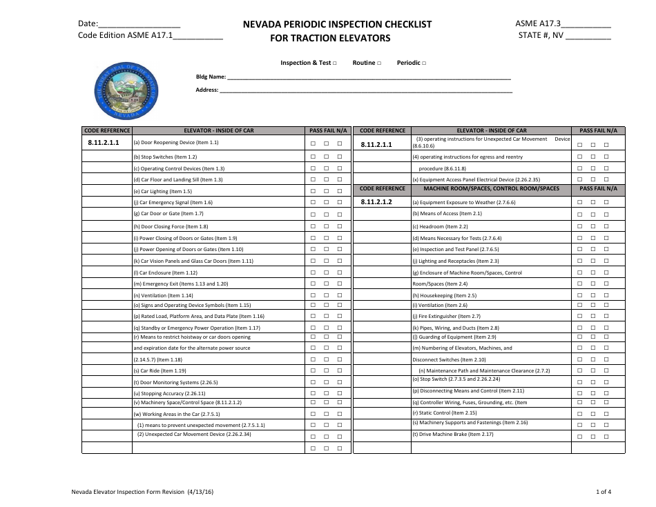 Nevada Periodic Inspection Checklist for Traction Elevators - Nevada, Page 1