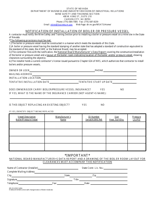 Form MS-014 Notification of Installation of Boiler or Pressure Vessel - Nevada