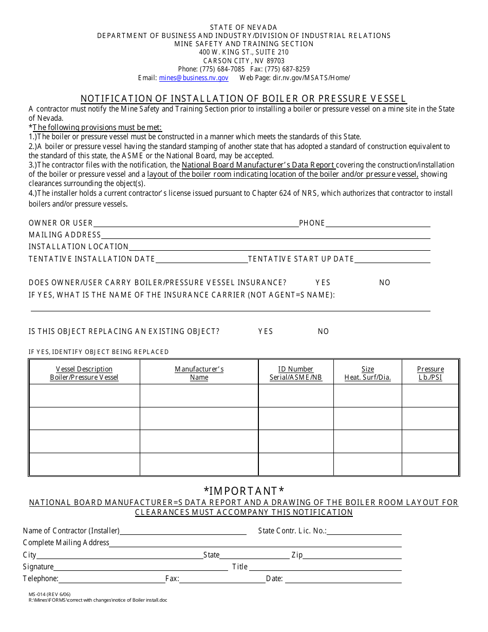 Form MS-014 Notification of Installation of Boiler or Pressure Vessel - Nevada, Page 1