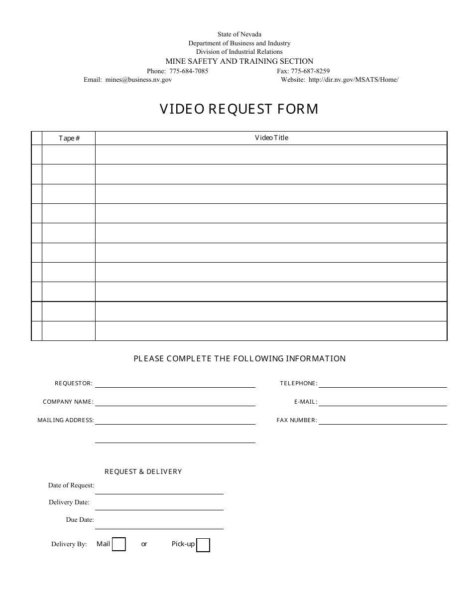 Video Request Form - Nevada, Page 1