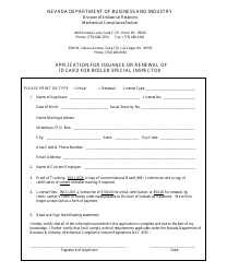Application for Issuance or Renewal of Id Card for Boiler Special Inspector - Nevada