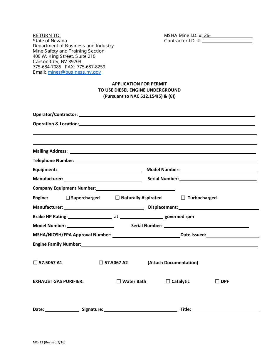 Form MO-13 Application for Permit to Use Diesel Engine Underground - Nevada, Page 1