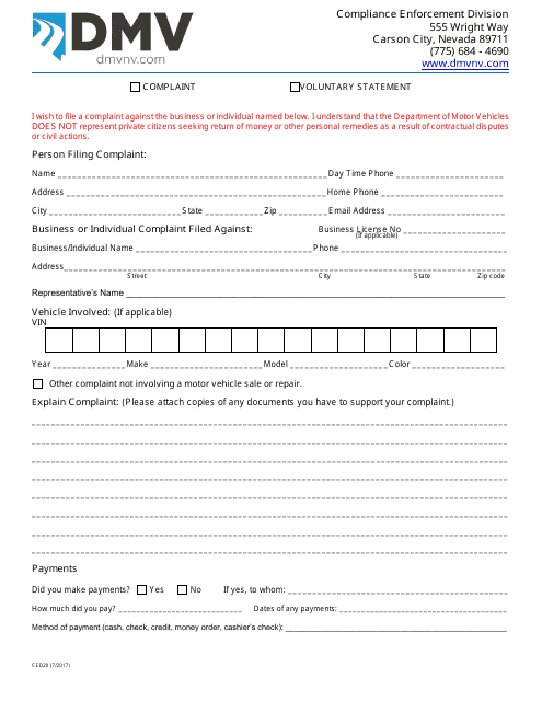 Form CED20 Compliance Enforcement Complaint Form - Nevada