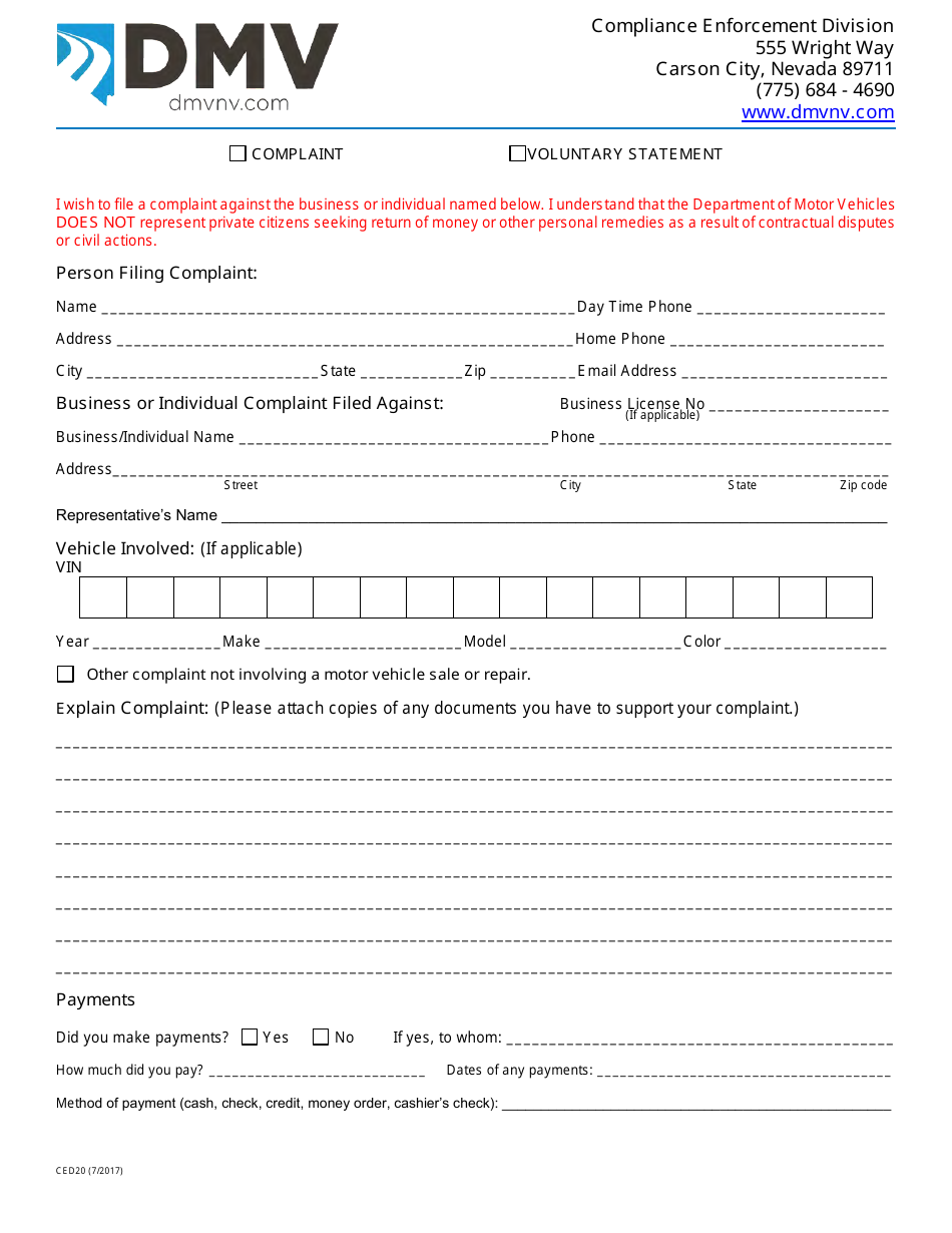 Form CED20 Compliance Enforcement Complaint Form - Nevada, Page 1