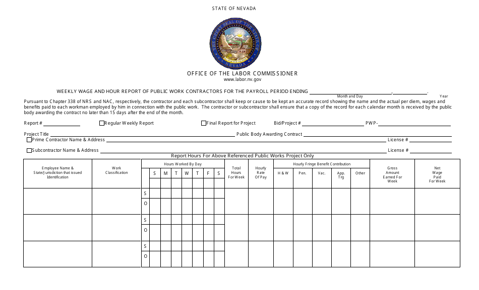 Certified Payroll Report for Contractors Engaged on Public Works Projects - Nevada, Page 1
