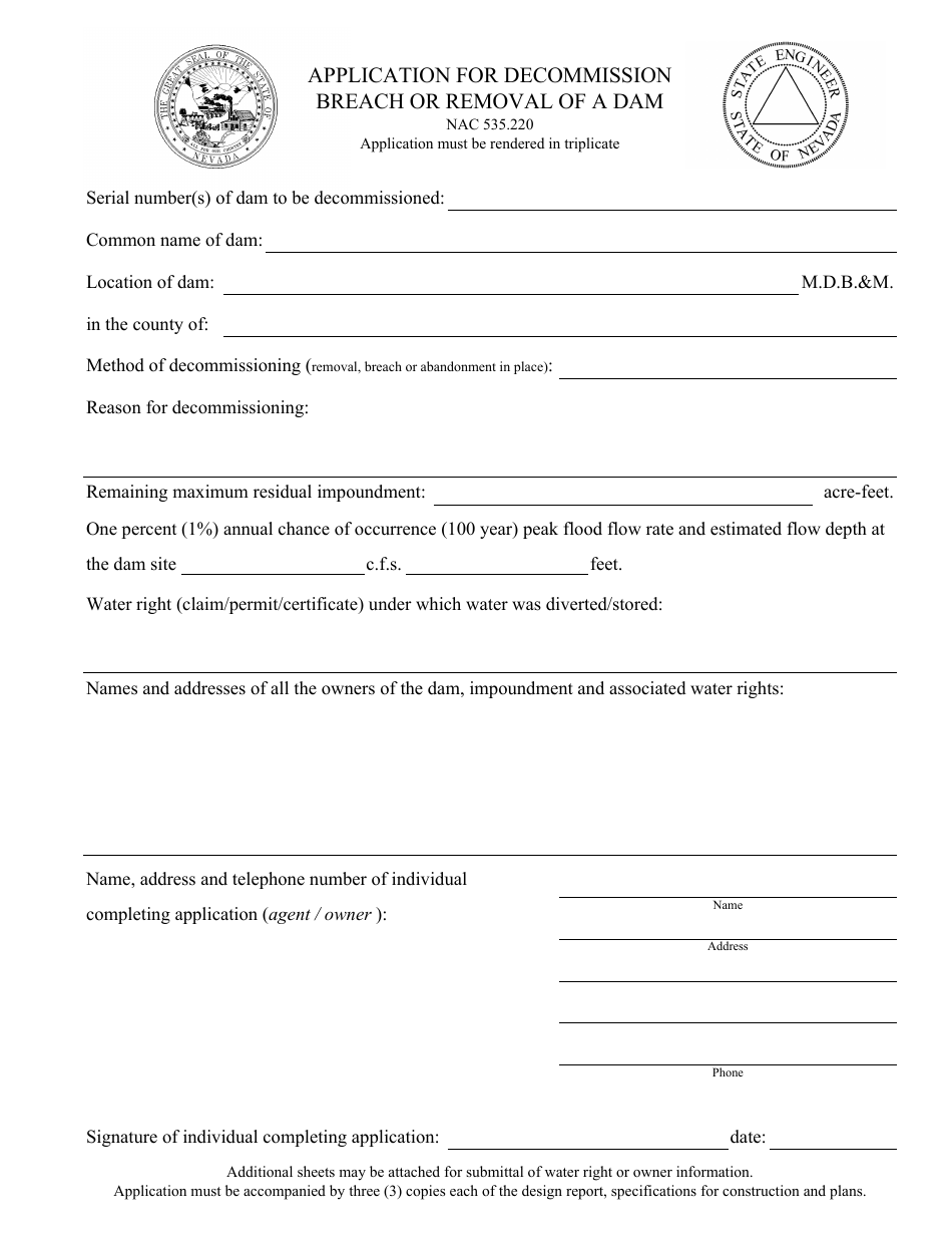 Application for Decommission Breach or Removal of a Dam - Nevada, Page 1