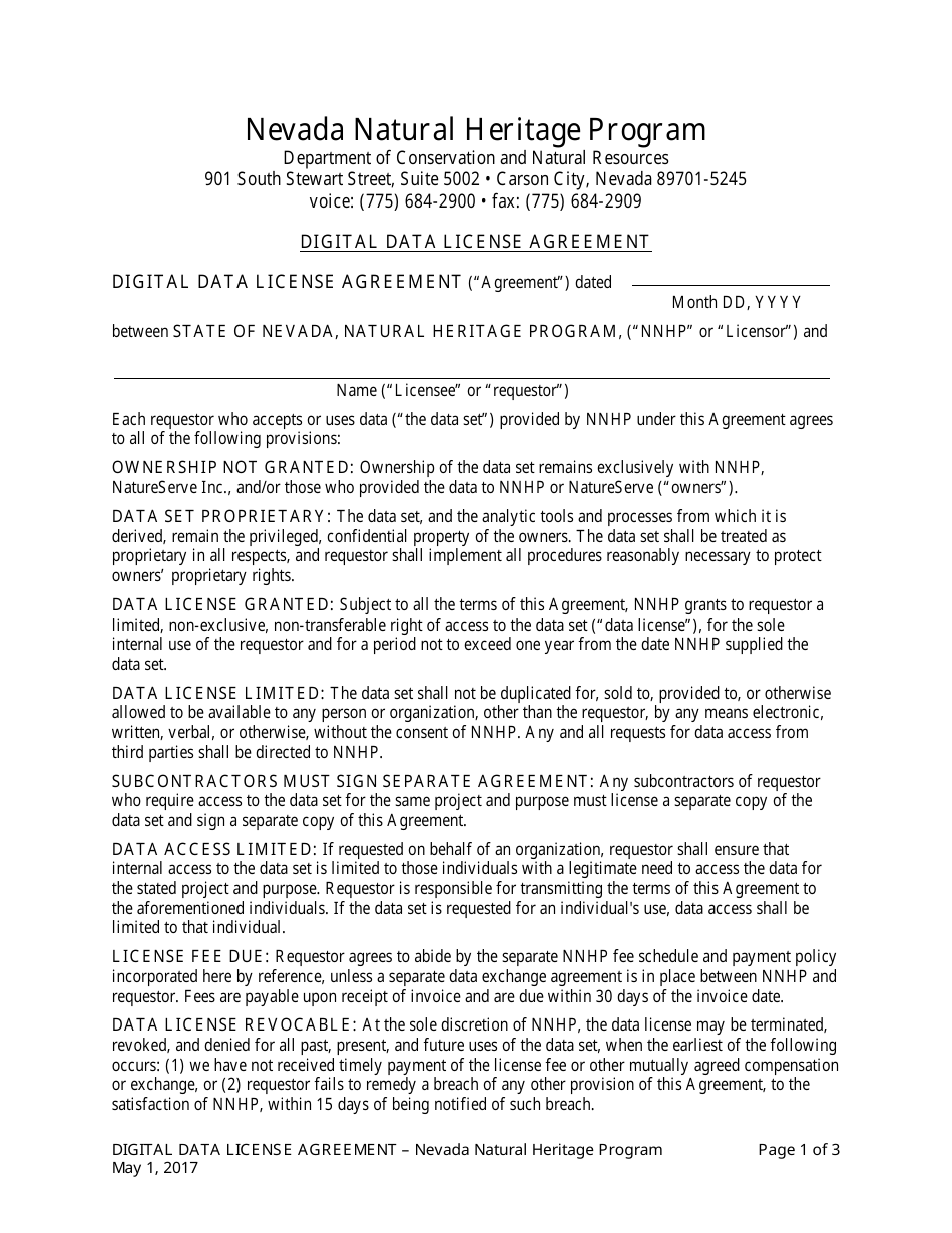 Data License Agreement - Nevada Natural Heritage Program - Nevada, Page 1
