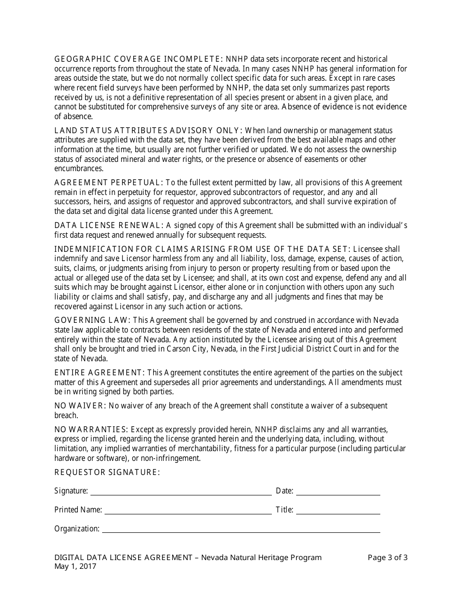 Data License Agreement - Nevada Natural Heritage Program - Nevada, Page 3