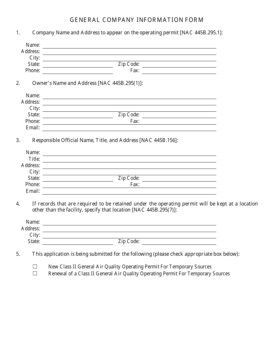 Nevada Class Ii General Air Quality Operating Permit Application For Temporary Construction