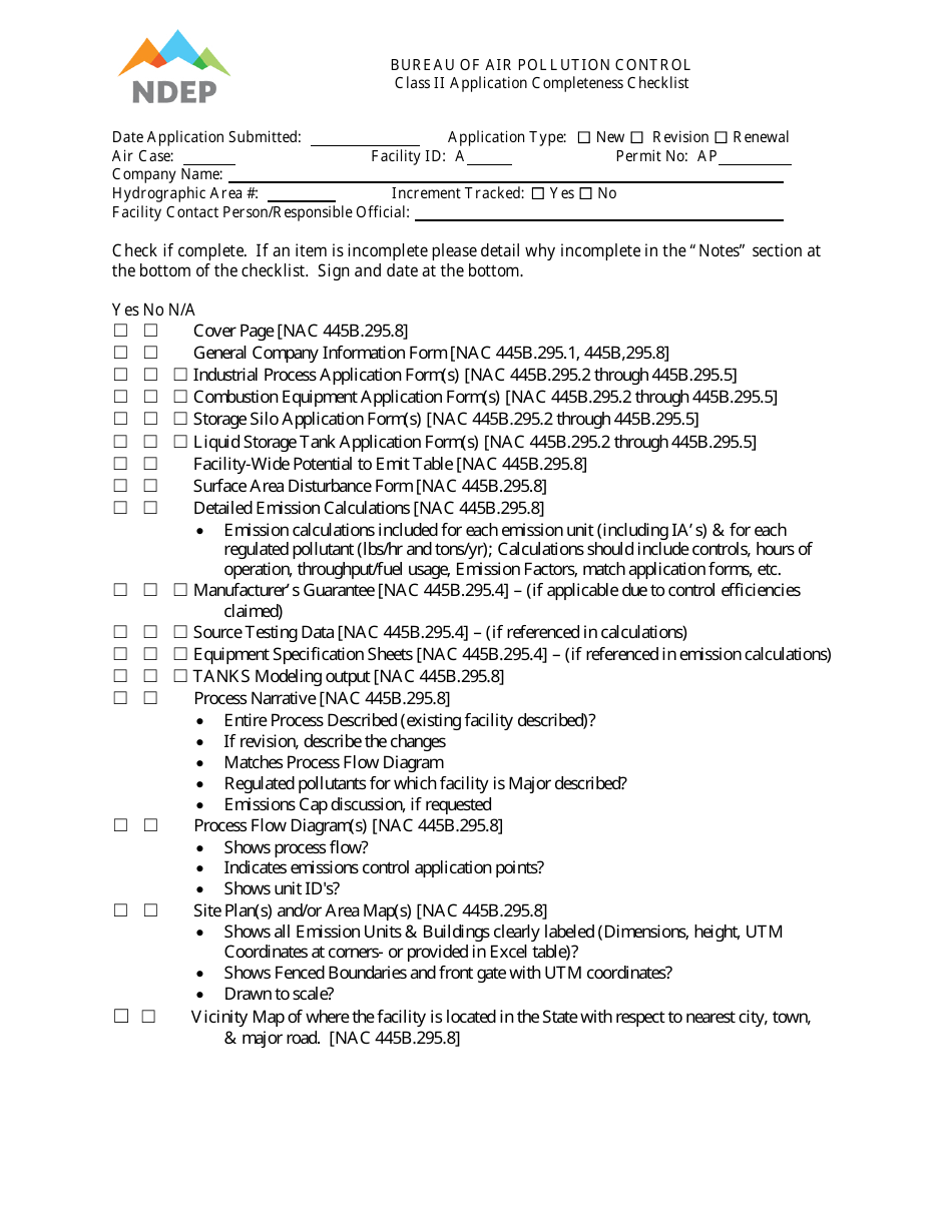 Class II Application Completeness Checklist - Nevada, Page 1