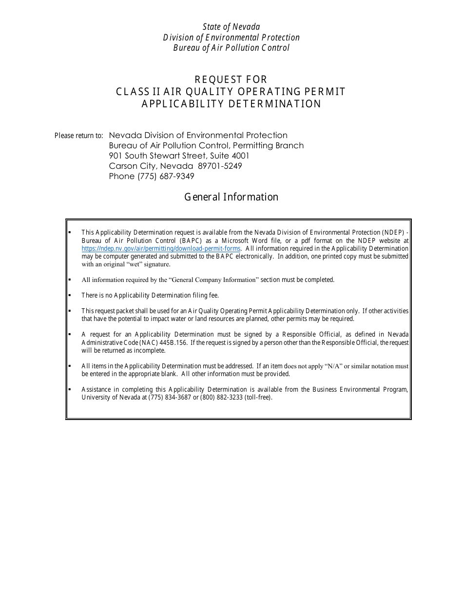 Class II Air Quality Operating Permit Applicability Determination Form - Nevada, Page 2