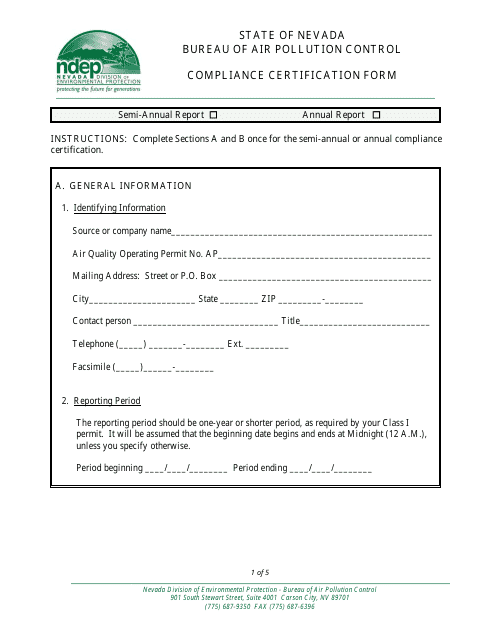 Class I Annual Compliance Certification Form - Nevada Download Pdf