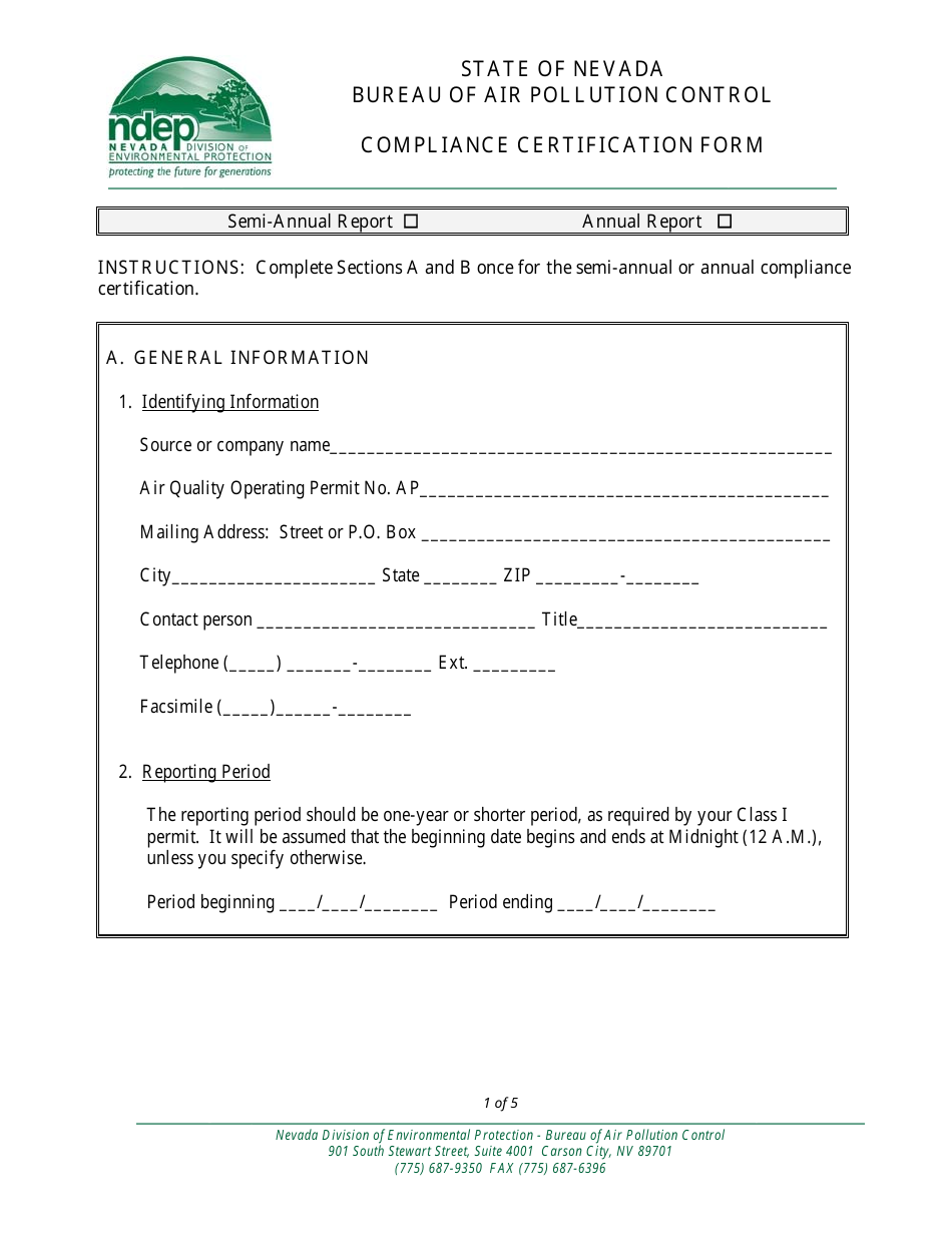Class I Annual Compliance Certification Form - Nevada, Page 1