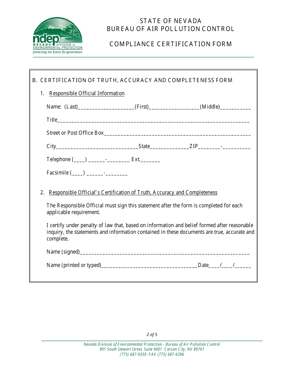 Class I Annual Compliance Certification Form - Nevada, Page 2