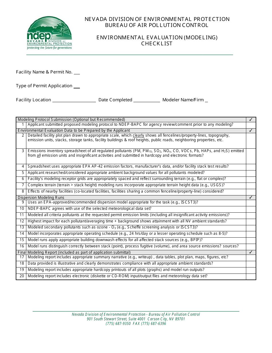 Environmental Evaluation (Modeling) Checklist - Nevada, Page 1