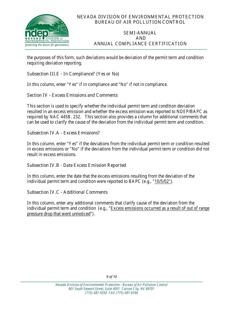 Instructions for Compliance Certification Form - Nevada, Page 9