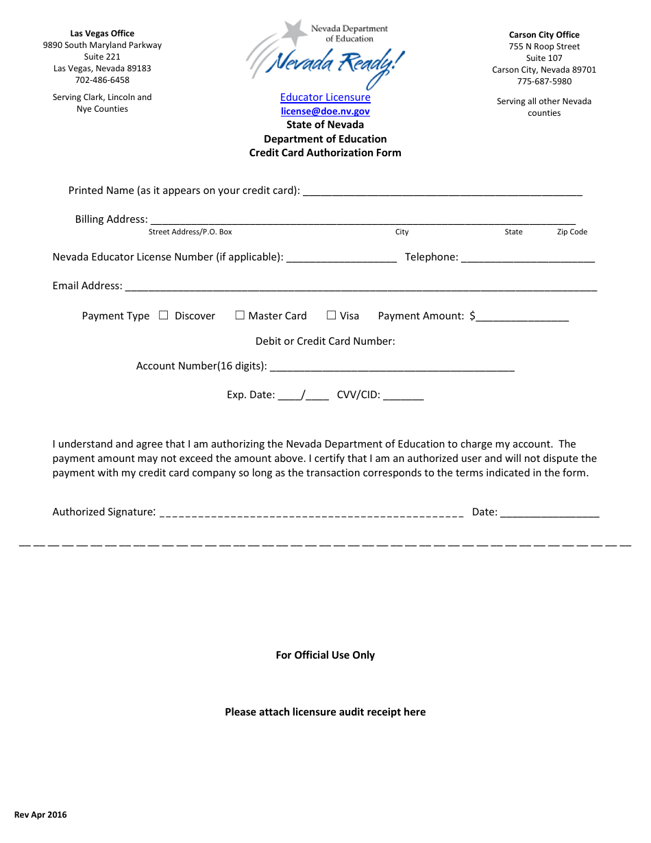 Credit Card Authorization Form - Nevada, Page 1