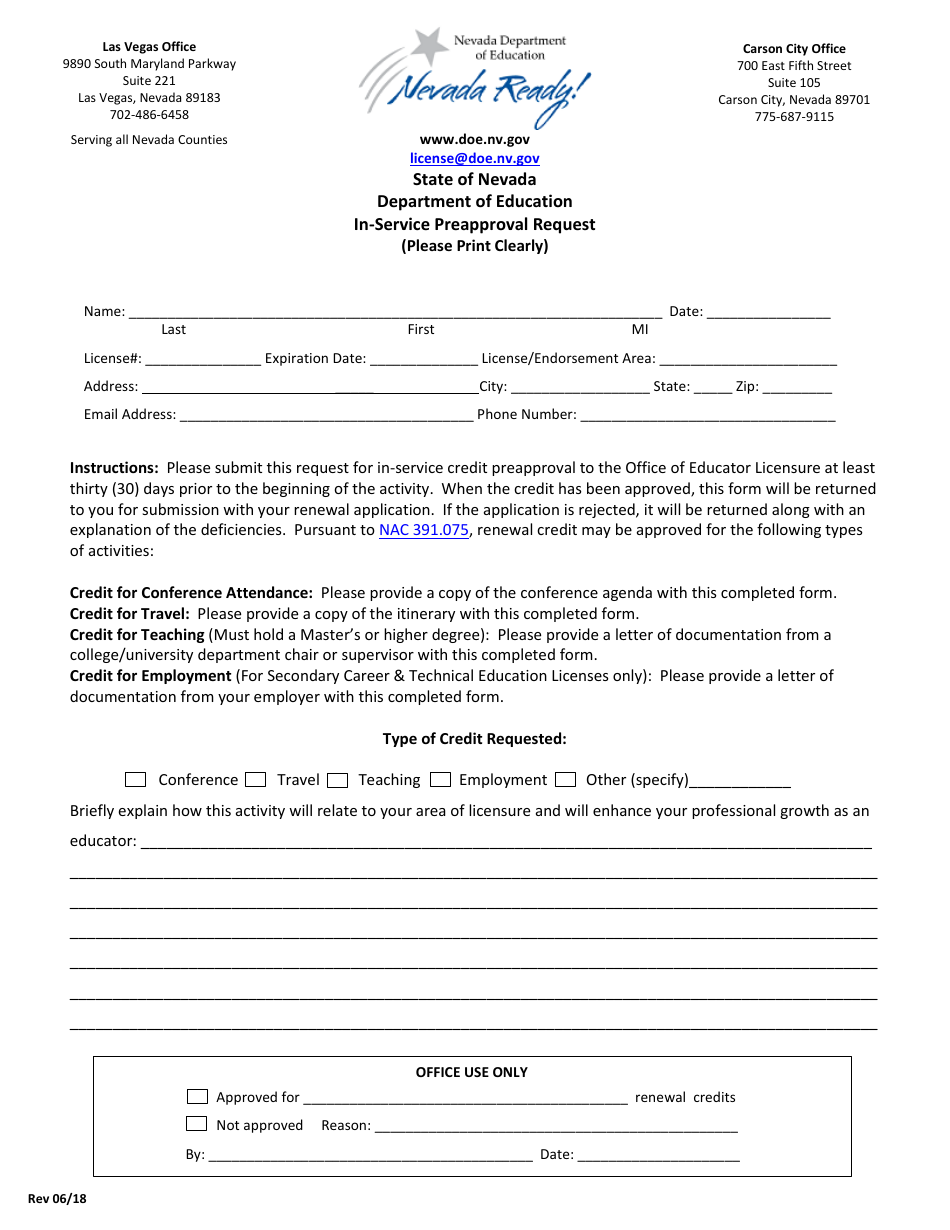 In-Service Preapproval Request Form - Nevada, Page 1