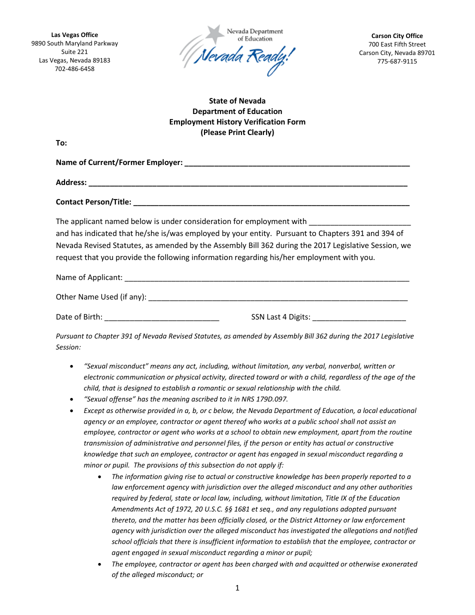 Employment History Verification Form - Nevada, Page 1