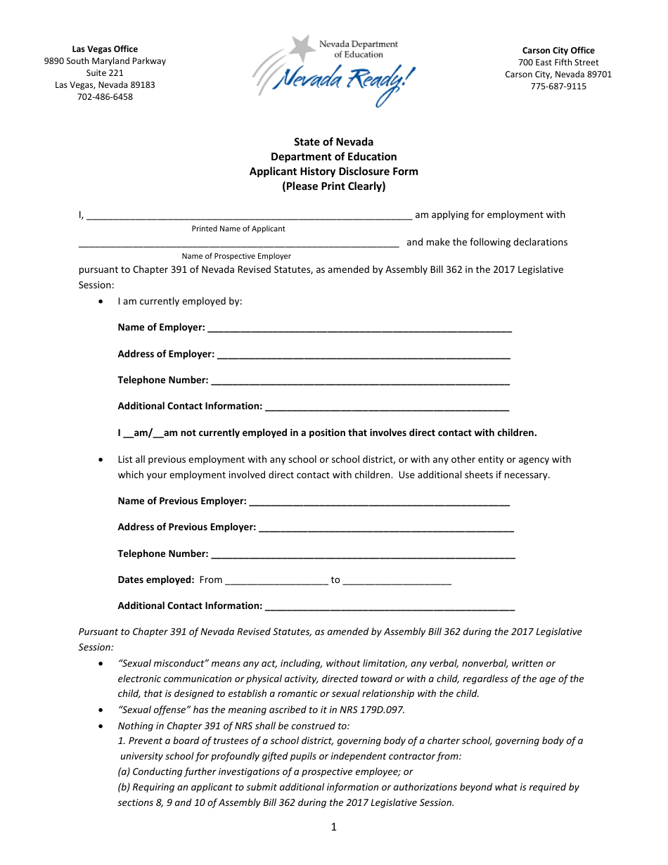 Applicant History Disclosure Form - Nevada, Page 1