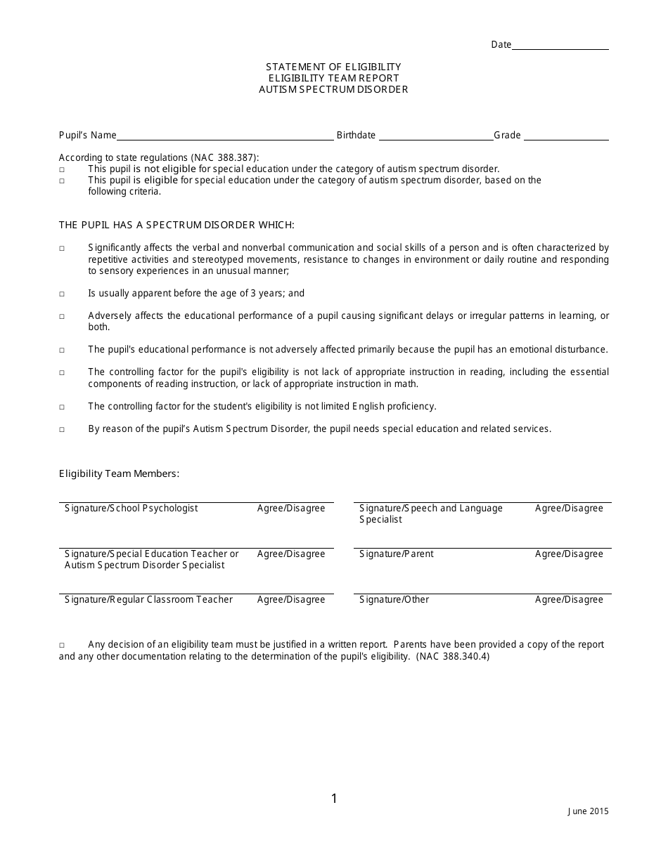Statement of Eligibility - Eligibility Team Report - Autism Spectrum Disorder - Nevada, Page 1