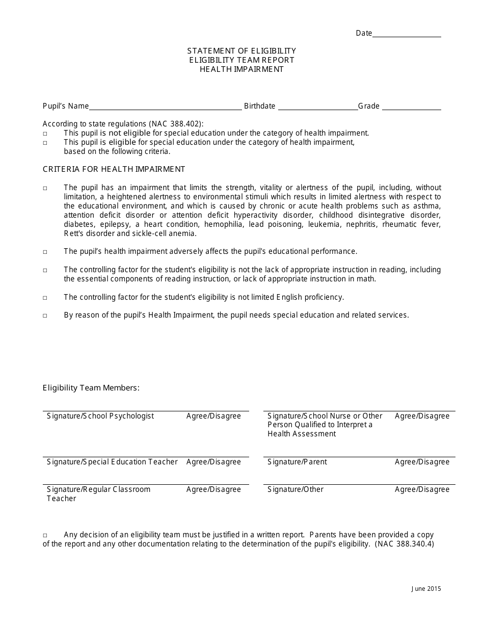 Statement of Eligibility - Eligibility Team Report - Health Impairment - Nevada, Page 1
