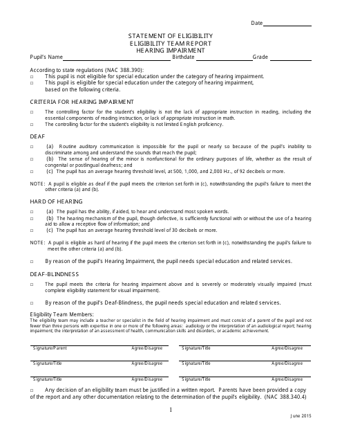 Statement of Eligibility - Eligibility Team Report - Hearing Impairment - Nevada Download Pdf