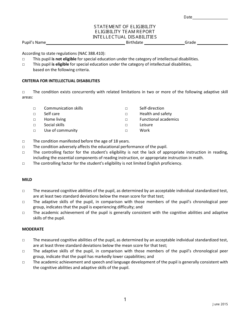 Statement of Eligibility - Intellectual Disabilities - Nevada, Page 1