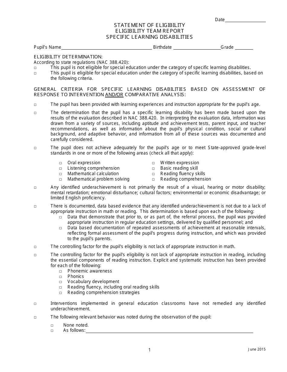 Statement of Eligibility - Eligibility Team Report - Specific Learning Disabilities - Nevada, Page 1