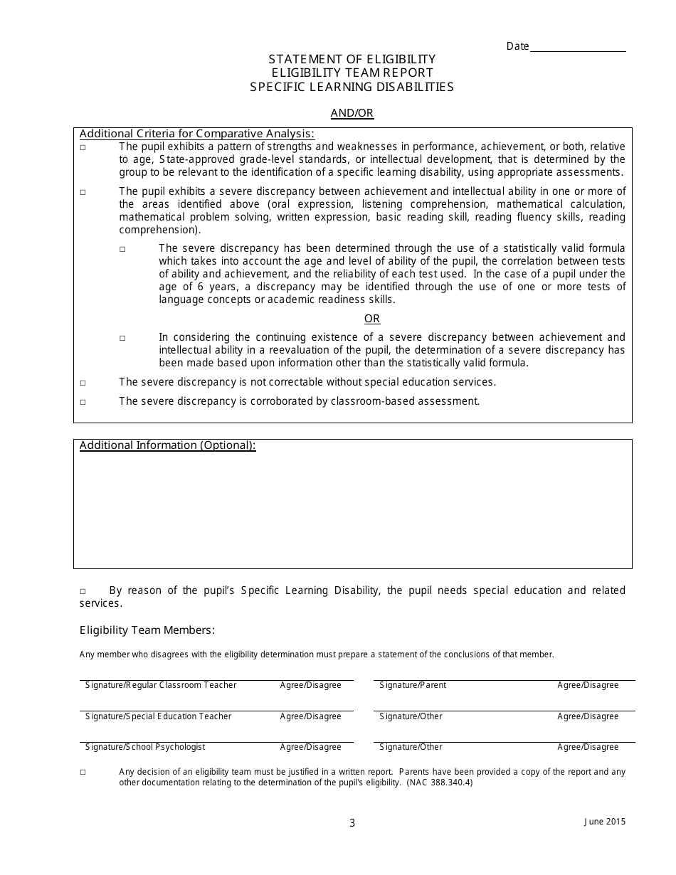 Statement of Eligibility - Eligibility Team Report - Specific Learning Disabilities - Nevada, Page 3