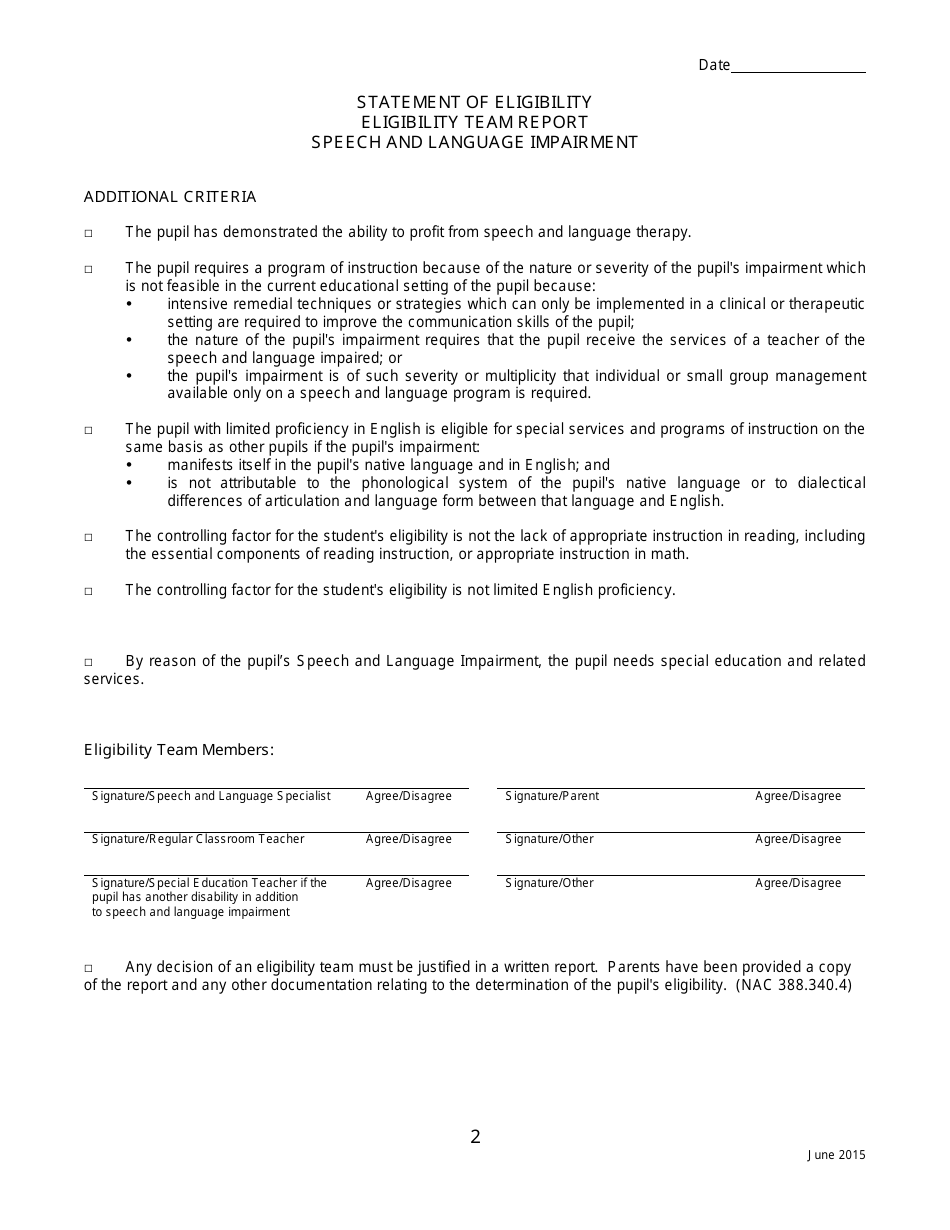 Statement of Eligibility - Speech and Language Impairment - Nevada, Page 2