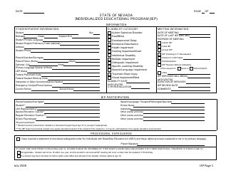 Individualized Educational Program (Iep) Form - Nevada