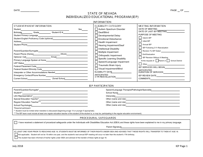 Individualized Educational Program (Iep) Form - Nevada
