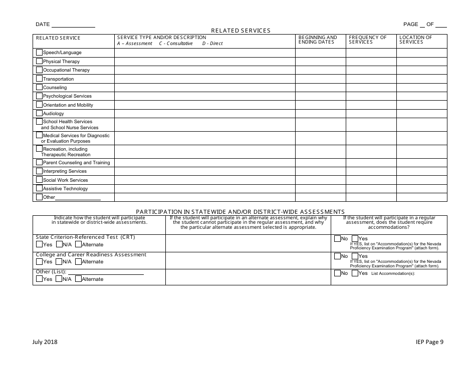 Individualized Educational Program (Iep) Form - Nevada, Page 9