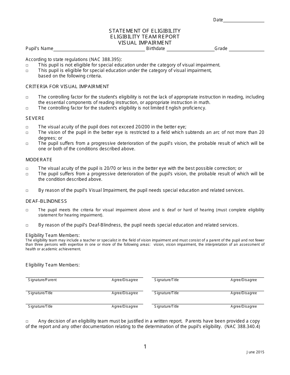 Statement of Eligibility - Visual Impairment - Nevada, Page 1
