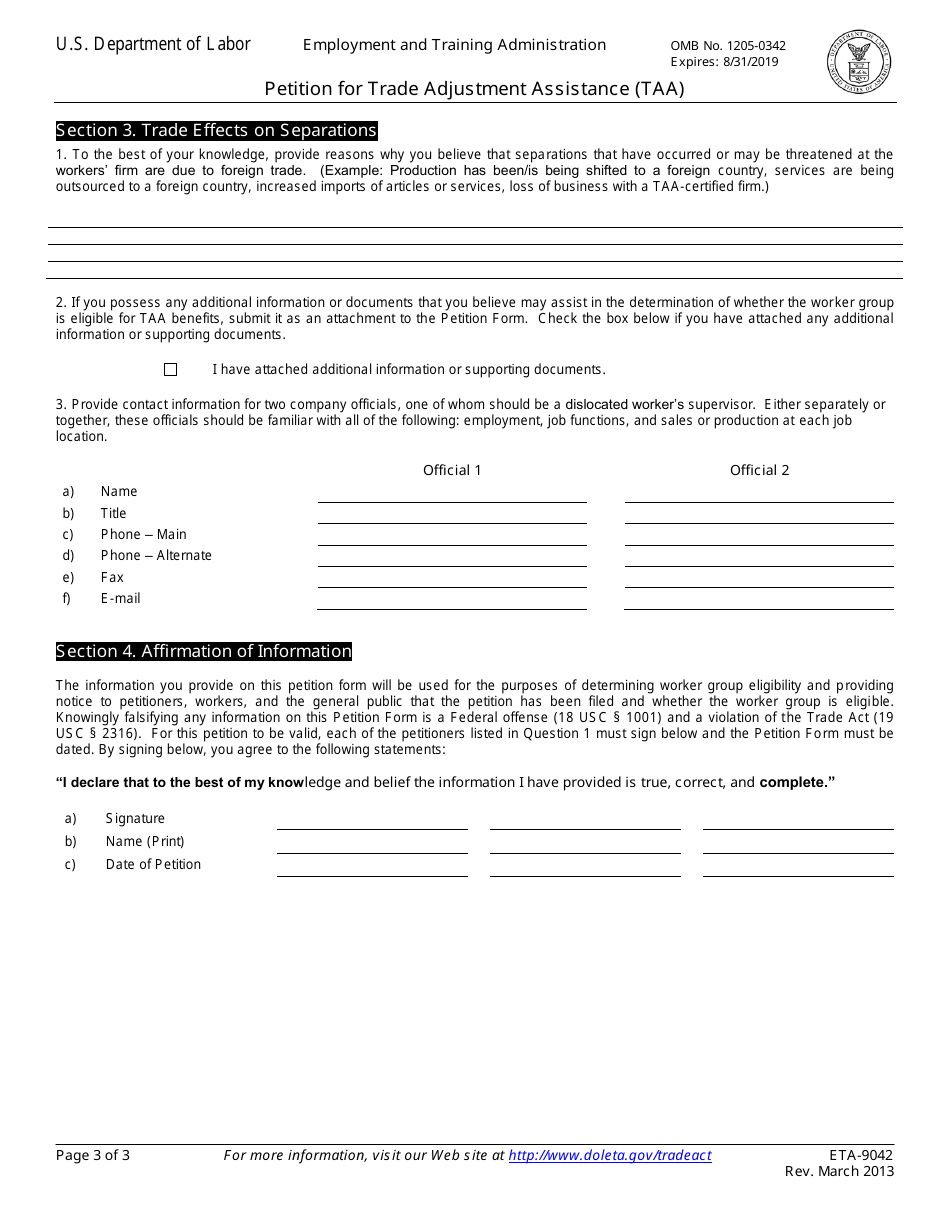 ETA Form 9042 Petition for Trade Adjustment Assistance (Taa), Page 3