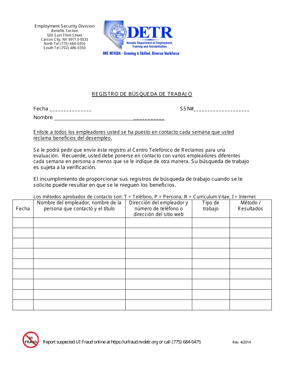 Registro De Busqueda De Trabajo - Nevada (Spanish), Page 1