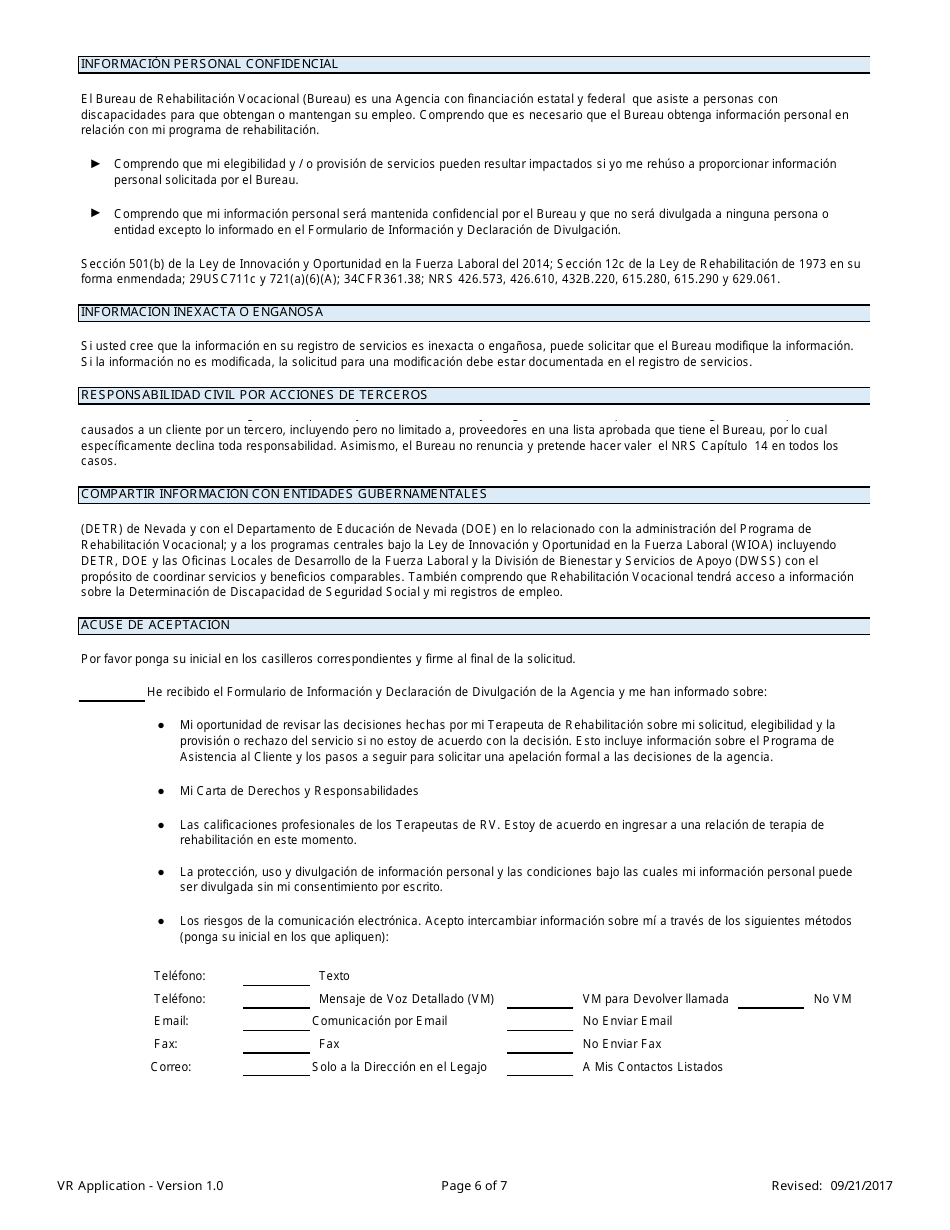 Solicitud Para Servicios De Rehabilitacion Vocacional - Nevada (Spanish), Page 6