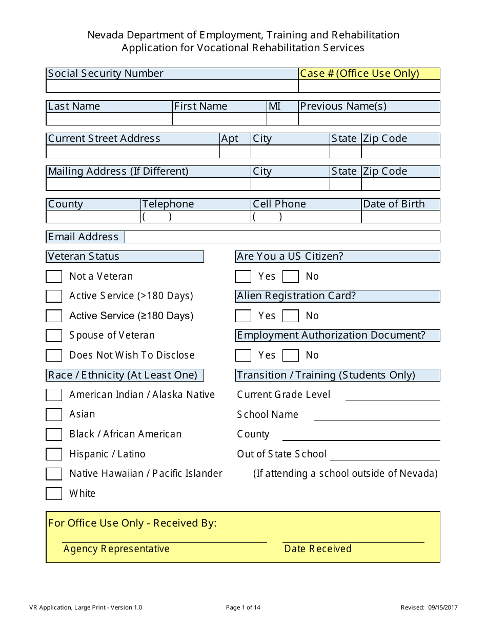 Application for Vocational Rehabilitation Services - Large Print - Nevada, Page 1