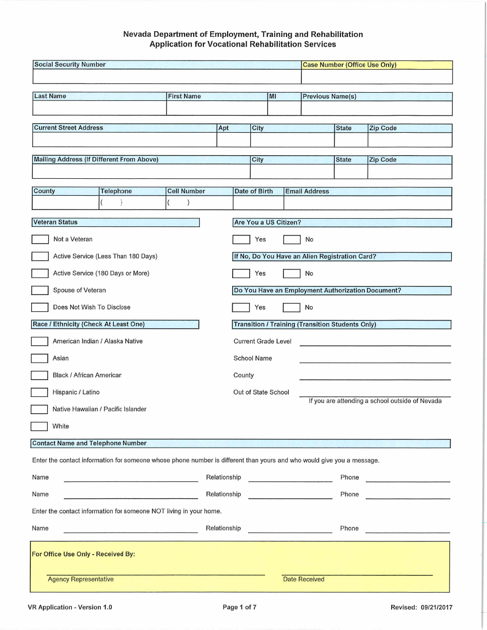 Application for Vocational Rehabilitation Services - Nevada, Page 1