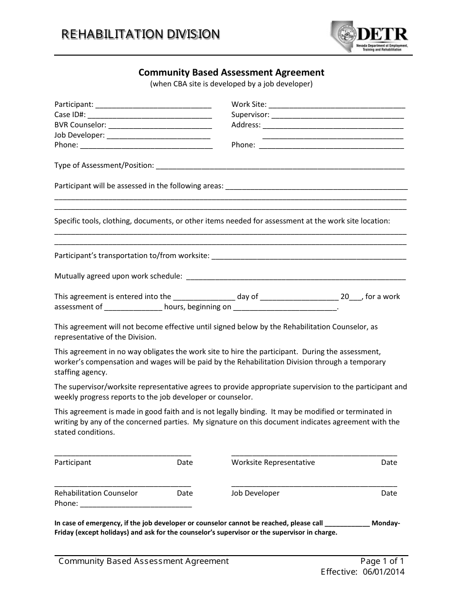 Nevada Community Based Assessment Agreement Form - Fill Out, Sign ...