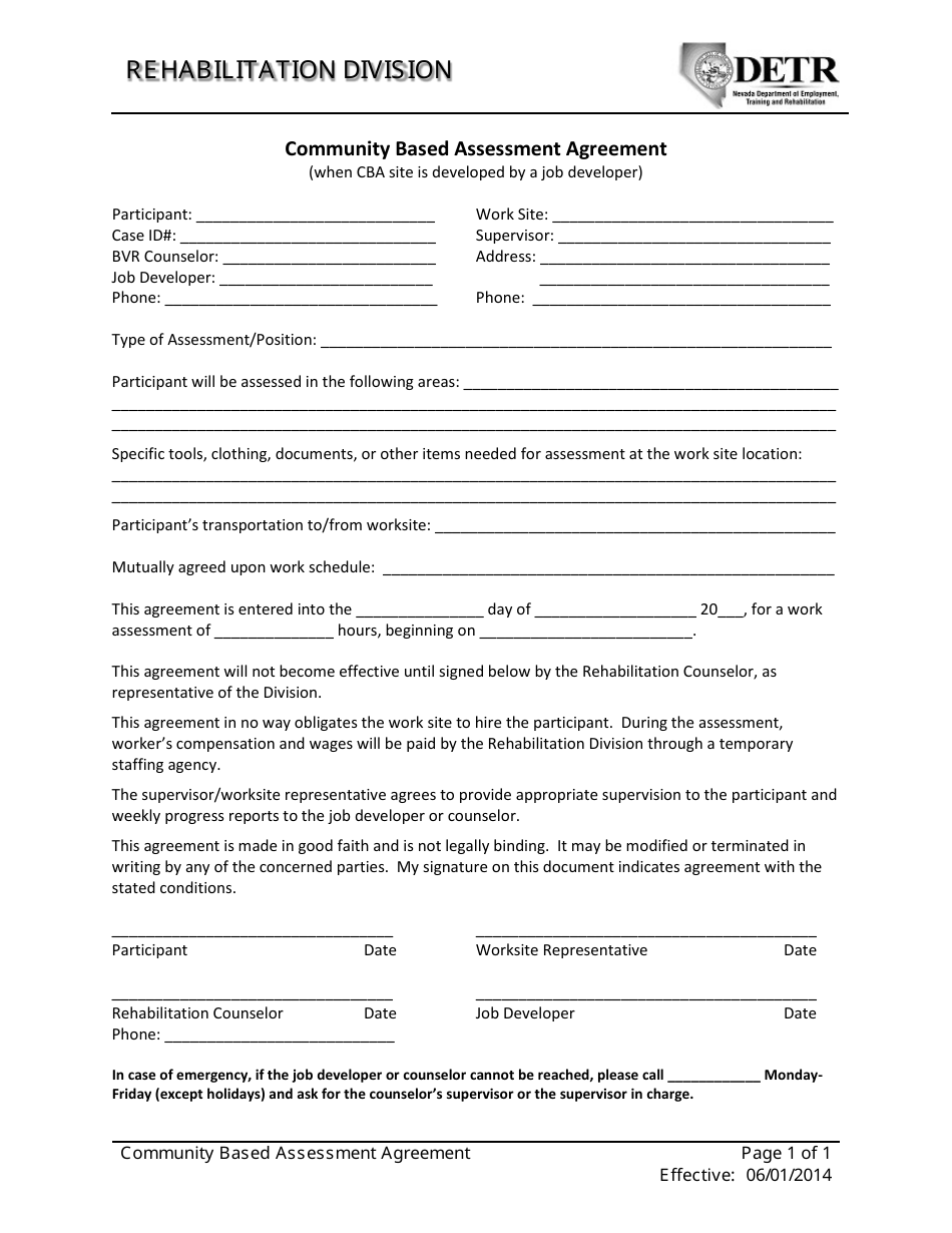 Community Based Assessment Agreement Form - Nevada, Page 1