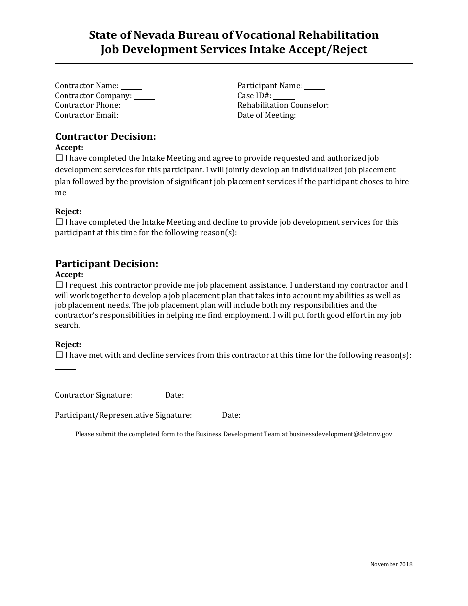 Job Development Services Intake Accept / Reject Form - Nevada, Page 1