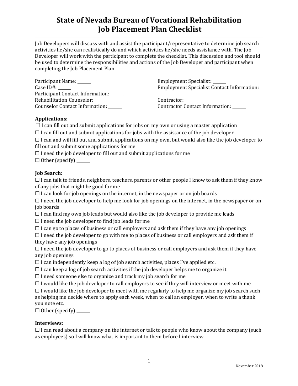 Job Placement Plan Checklist - Nevada, Page 1