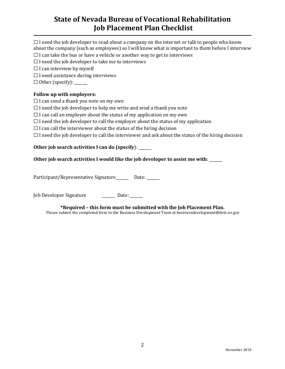 Job Placement Plan Checklist - Nevada, Page 2